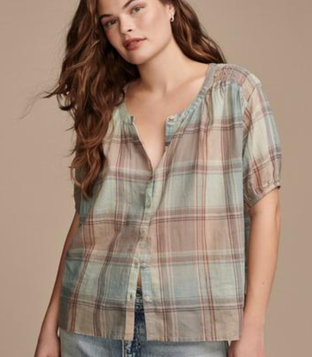 Lucky Brand Women Cotton Plaid Smocked Shoulder Blouse Ginger Root Plaid Size S